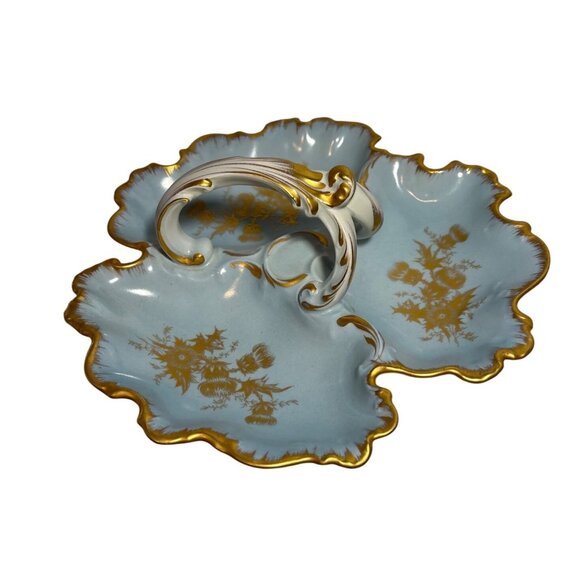 Limoges France Handled Divided Dish Blue Porcelain 11" Gold Trim Scalloped Edge - Picture 1 of 9